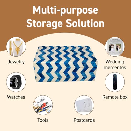 Perilla Home ﻿Home Decor Decorative Storage Wooden Box Small Wooden Organizer Tool Stash Card Craft Trinket Memory Keepsake Jewelry Box for Men and Women, Chevron, Gifts For All, Blue and Off White - color: Blue and off white Chevron
