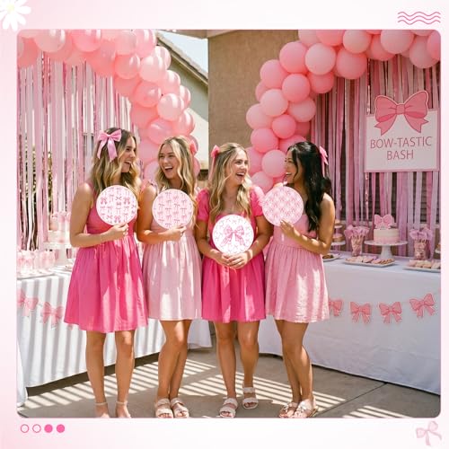 AceOrbit 24 Pcs Pink Bow Round Foldable Hand Fans Bulk 8 Style Coquette Japanese Foldable Fan Pop up Round Handheld Cooling Fan with Pouch for Women Bachelorette Birthday Bridal Party Favor Decoration - style: Pink Bow