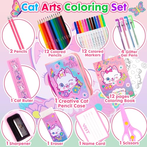 Washable Markers Set with Glitter Pencil Case, Art Supplies for Kids Ages 4-6-8, Arts Crafts Travel Coloring Kit for Girls 4 5 6 7 8 Year Old Birthday Gifts - color: Cat