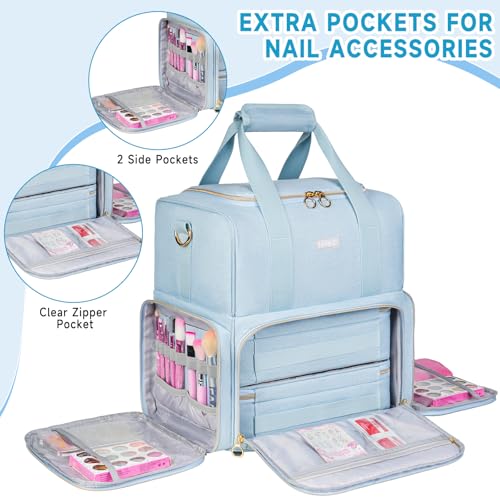 Nail Polish Organizer Holds 80+ Bottles,Nail Polish Carrying Case with 2 Removable Bags,Nail Organizers and Storage for Nail Tech,Portable Nail Polish Supplies Holder,Mother Day Gift for Women Grils - color: Light Blue