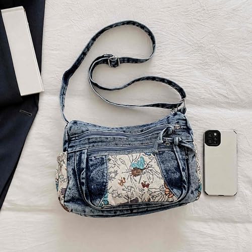 Black Denim Purse Crossbody Bags, Boho Hobo Crossbody Bags for Women, Casual Hippie Travel Purse with Lots of Pockets - color: Dark Blue
