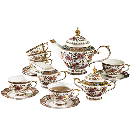 ACMLIFE Tea Set for Adults, Bone China Tea Set with Cups, Tea Cup Set Vintage Floral Porcelain Tea Set for 6, Vintage Floral Tea Cup Set With Teapot, Tea Party Sets for Women Gift，Gift Box (Pink) - color: Pink