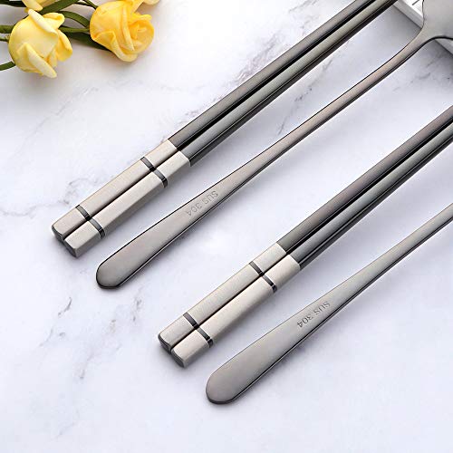 Buyer Star 4 Set Black Square Chopsticks and Spoons Set Metal Stainless Steel Spoons Chopsticks Set - color: black-square chopstick and spoon