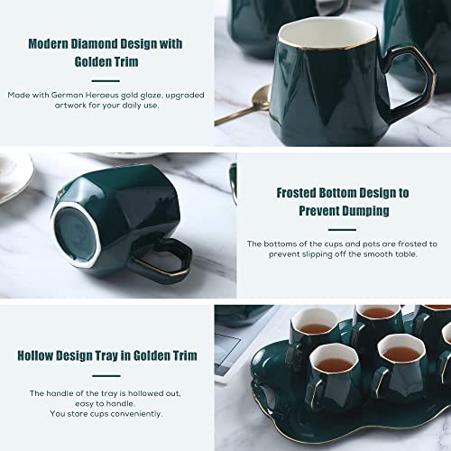 DUJUST 14 pcs Tea Set of 6 with Tray & Spoons, Modern Diamond Design Tea/Coffee Cup Set with Golden Trim, Chic Porcelain Living Room Decor, Fine-China Teapot Party Set, Gift Package - Green - color: green: 14pcs tea set