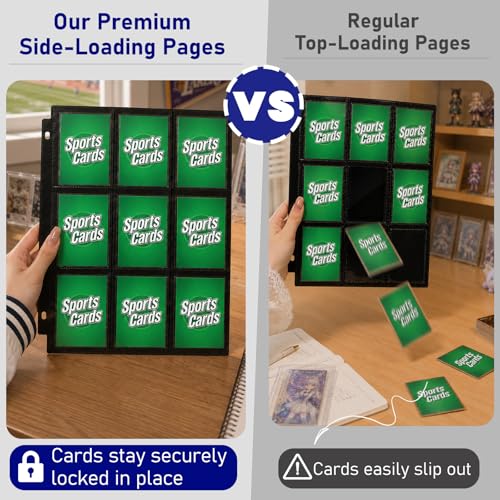 9 Pocket Page Protectors,Double-Sided Trading Card Sleeves for 11 Ring Binder,Acid-Free Baseball Cards Holder, Protective Pages Sheets for Collectible Games, Sports Cards(100Pack, Black, Side-Loading) - color: Black, size: Side-Loading
