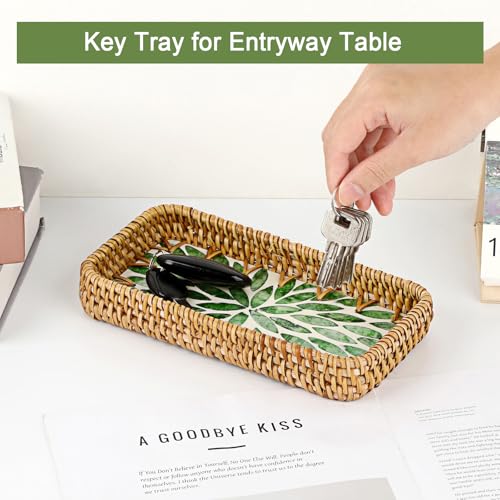 Key Basket Tray for Entryway Table,Woven Rattan Tray Rectangular - color: Green, size: 8.3" x 4.3" x 1.6"