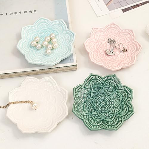 4" Datura Flower Ceramic Jewelry Dish, Ring Tray for Women(Green) - color: Deep Green