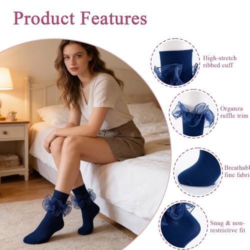Big Ruffle Socks Women(Size 5-11) Turn Cuff Cotton Lace Frilly Socks - color: White,blue,black - 3 Pairs, size: 11-13