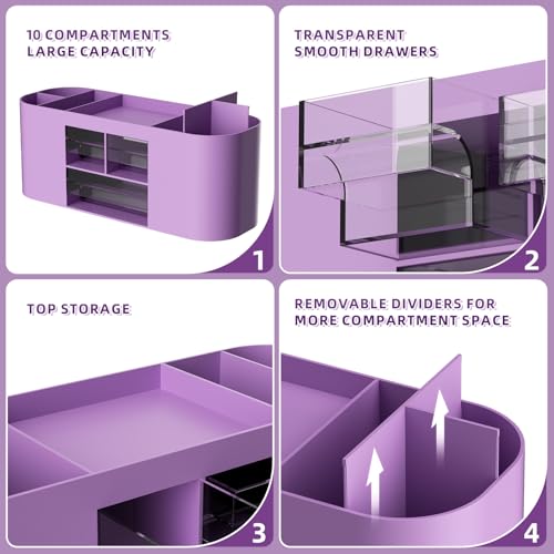 Marbrasse Pen Holder for Desk with 3 Drawers, Multi-Functional Pencil Holder, Desk Organizers and Accessories with 7 Compartments for Home, School, Classroom (Purple) - color: Purple