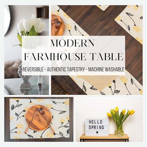 DaDa Bedding Yellow Fleur Floral Botanical Dining Table Placemats - Set of 4-Pieces Tapestry Spring Time Golden Orange Floral Garden Design - Decorative Cotton Linen Woven Kitchen Mats - 13” x 19” - color: Yellow Fleur