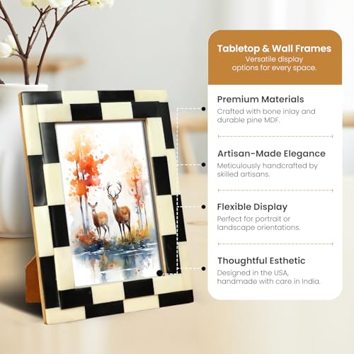 Handicrafts Home 4x6 Black & White Picture Frame – Handmade Bone Inlay Photo Frame from Silhouette Shuffled Collection, Checkered Geometric Design, Frame for Wall & Tabletop, Boho Home Decor & Gift - color: SILHOUETTE-SHUFFLED, size: 4X6
