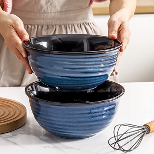 HASENSE Serving Bowls, 60 Ounces Ceramic Salad Pasta Soup Bowls, 8.5 inch Large Bowls for Kitchen Ramen Pho Fruit Cereal Popcorn, Microwave and Dishwasher Safe, Set of 2, Blue - color: Blue, size: 65 Ounce