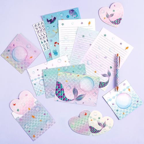 WERNNSAI 69 PCS Mermaid Kids Stationery Paper and Envelopes Set for Girls - color: Mermaid
