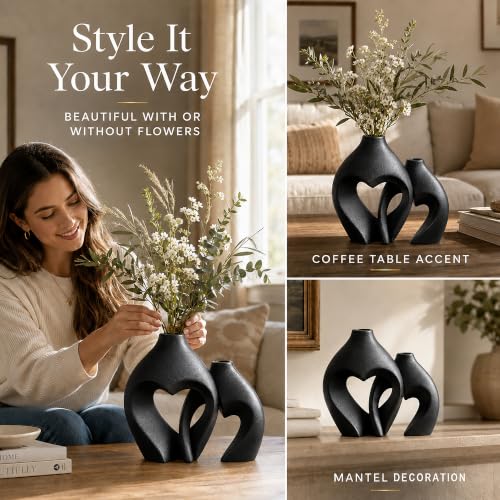 Modern Ceramic Flower Vases Home Decor Heart Shaped Vase Set of 2 Black - color: Black