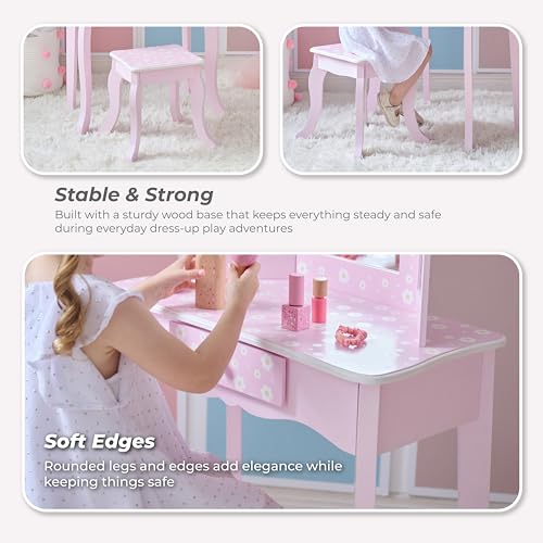 Teamson Kids Daisy Gisele Wood Play Vanity Set, Pink, Ages 3+ - color: Pink