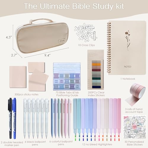 J6&H6 170Pcs Complete Bible Study Supplies Journaling Kit with Tabs, Highlighters and Color Pens, Notebook,Stickers & More Bible Accessories Set for Women, Beginner Christian Gifts(Lvory White) - color: Ivory White