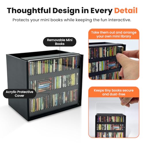 Black Anxiety Bookshelf with 100 Mini Books, Miniature Library Shake Away Your Anxiety, Aesthetic Desktop Bookmark Holder, Pencil Organizer, Bookish Decor, Stress Relief Gift for Avid Readers - color: Black