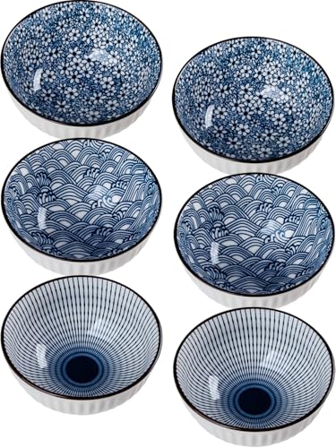 10 oz Small Ceramic Bowls Set of 6, 4.5 Inch Japanese Blue and White Bowls for Ice Cream, Rice, Dessert, Snack, Dipping, Microwave and Dishwasher Safe - Mixing Pattern - size: Mixing Patterns