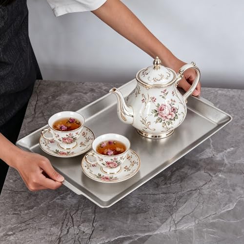 15.8" x 9.5" Large Serving Trays Vintage Style Stainless Steel Heavy-Duty Large Serving Platters, Silver Rectangular Plates for Food Fruit Party Wedding Christmas Chip and Scratch Resistant - color: Retro-15.8" X 9.5"