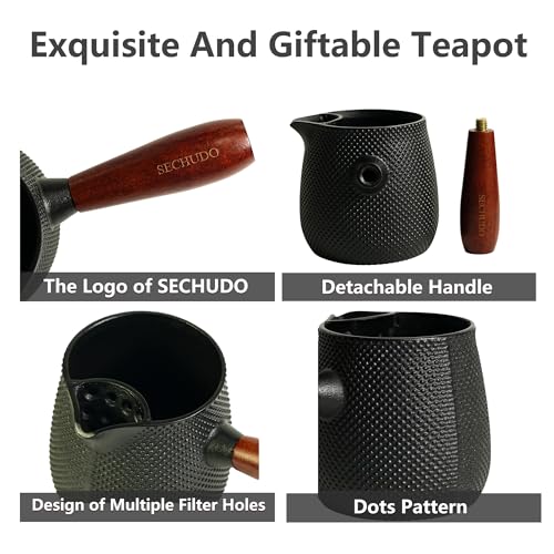 Small Cast Iron Teapot, Japanese Style Tea Kettle without Lid, 20.3oz Tea Pot with Stainless Steel Tea Ball for Loose Tea, Wooden Side-handle Tea Set for Stovetop Safe(600ml) - color: 20.3oz Dots Pattern