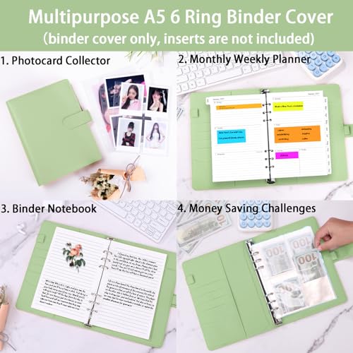 Antner A5 Binder 6 Ring Refillable Notebook Planner Cover for Cash Organizer, PU Leather Loose Leaf Photocard Holder Aesthetic Small Binder for A5 Planner Inserts with Magnetic Buckle, Matcha Green - color: Matcha Green