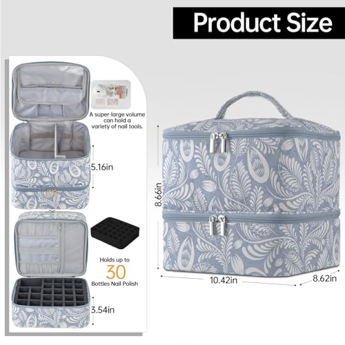 Buruis 2-Tier Nail Polish Bag, Nail Supplies Organizer, Light Blue Leaf - color: Light Blue Leaf