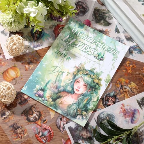 Scrapbook Fantasy Stickers 20 Sheets 240 Pre-Cut Washi Stickers for Journaling PET Transparent Fairy Sticker Decorative or DIY Paper Crafts, Arts and Crafting Projects - color: Forest Elves