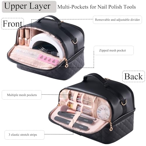 CTWWFS Nail Polish Organizer Holds 35 Bottles & Nail Lamp, Nail Organizers and Storage, Double Layer Nail Bag with Handle & Shoulder Strap for Travel, Nail Supplies Organizer for Manicure Kit (Black) - color: Black (35Bottles）