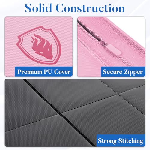 Premium Zip Card Binder 12 Pocket, Fabmaker 912 Pocket Trading Card Binder - color: Pink, size: 12 Pocket - 15" x 13.6"