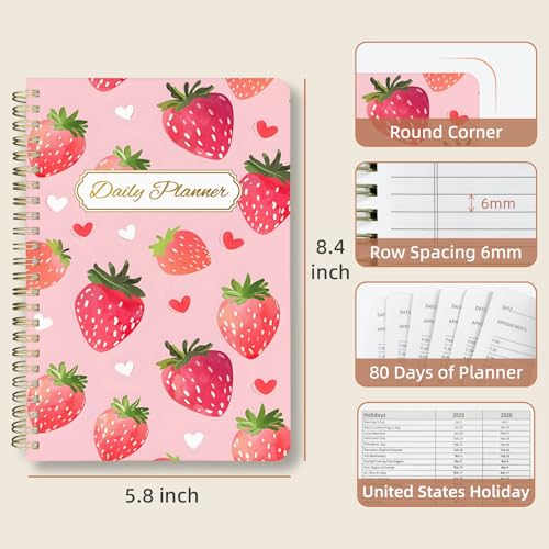 Undated Daily Planner - Spiral Notebook 80 Days One Day Per Page, Hourly Schedule, To-Do List, Notes, Everyday Planning Task, A5 Hardcover Journal Organizer Book Women Cute, Strawberry - color: Strawberry