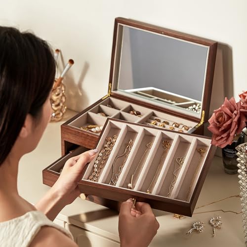 Black Walnut Wooden Jewelry Box Women with One-way Vision Mirror - style: 3 Layer A
