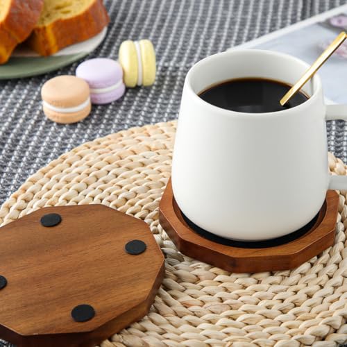 Wood Coasters for Drinks Absorbent with Lip, 4.3 Inch Rustic Acacia Wood Black Felt Coaster with Holder for Wooden Coffee Table for Cups, Mugs, and Glasses - Set of 6 - color: Black Felt