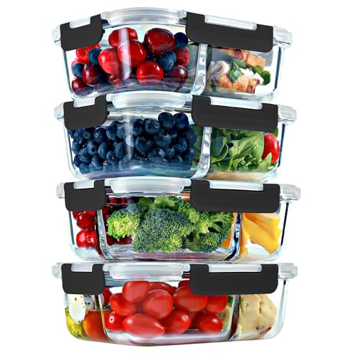 Glass Meal Prep Containers 2 and 3 Compartments, Leak-Proof, 32 oz, 4 Pack - color: Black (2,3 compartment - 4 pack, 32 oz)