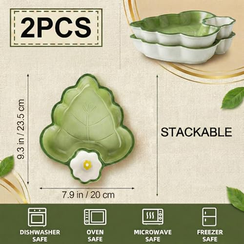 Leaf Shaped Ceramic Serving Platter Set of 2, Divided Snack & Appetizer Dish for Chip and Dip, Sauces, Fries, Tapas, Fruit and Dessert