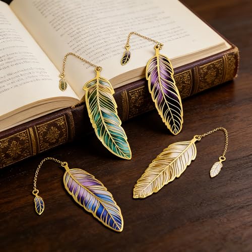 4Pcs Fantasy Feather Bookmarks for Books, Metal Bookmark with Chain, Unique Reading Accessories for Women Book Lovers, Teachers, Students - style: 4Pcs Feather