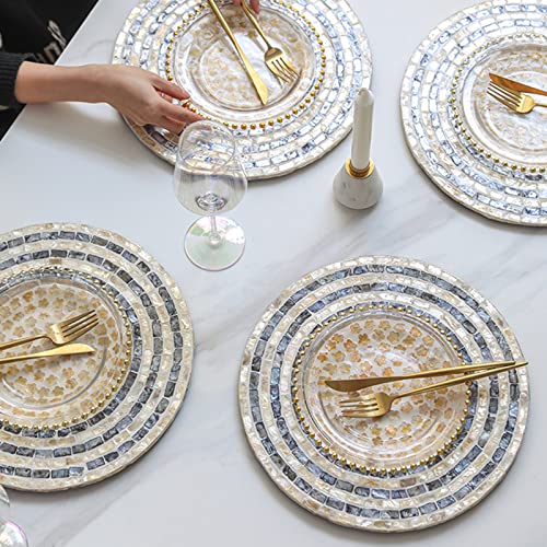 i-lan Set of 2 Mother of Pearl Charger Plates, 13 Inch Dark Blue Capiz Shell Inlay Wood Decorative Placemats for Dining Table, Modern & Rustic Table Setting for Party, Wedding and Home Decor - style: Style 7