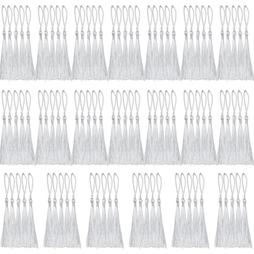 100 Pcs White Mini Tassels 13cm/5 Inch with Loops for Bookmarks, Jewelry Making, DIY Projects - color: White