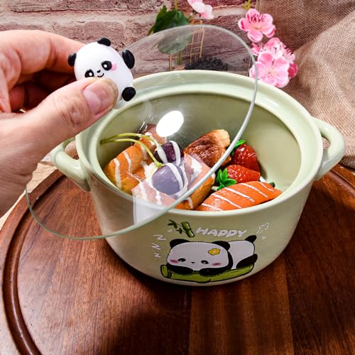 Ceramic Soup Bowl with Lid, Handles, Chopsticks and Spoon, 6'' Ramen Bowl - color: Green