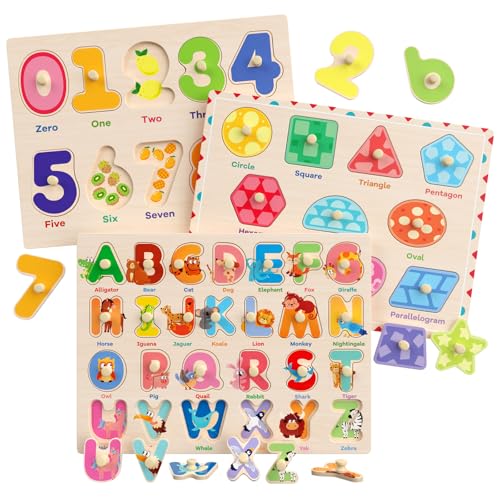 Zeoddler Wooden Montessori Puzzles for Toddlers, 3 Pack ABC, Number and Shape Puzzle for Kids, Preschool Learning Activities, Gift for Girls Boys