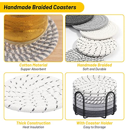 Billbotk 10 Pieces Coasters for Drink Absorbent, 5 Colors Drink Coasters with Holder, Woven Coasters Set for Coffee Table, Wooden Table Decor, Home Decor, 4.3 Inches - color: Gray 1