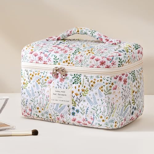 HBselect Quilted Makeup Bag, 3Pcs Cotton Large Travel Makeup Bags Organizer - color: A-3PCS-Floral 41