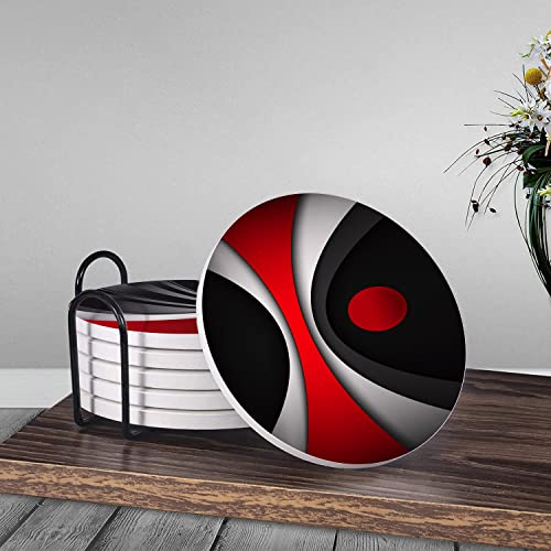 HUXJOKO Coasters for Drinks Set of 6,Modern Red Black Geometric Absorbent Ceramic Coaster,Round Stone Mat,with Cork Base and Metal Holder for Coffee Table Room Bar Home Decor Housewarming Gifts - color: Red Black Geometric, size: Round