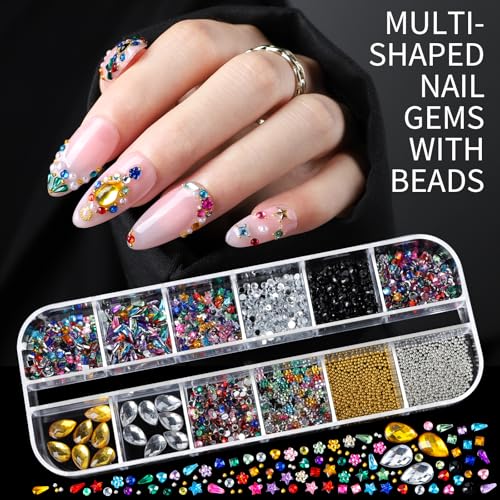 Teenitor Nail Charms Nail Gems with 15 Sheets Gold Nail Stickers, 6 Boxes of Rhinestones for Nails Art Tools, 3D Nail Decals Pearls for Nails - color: Multi-color