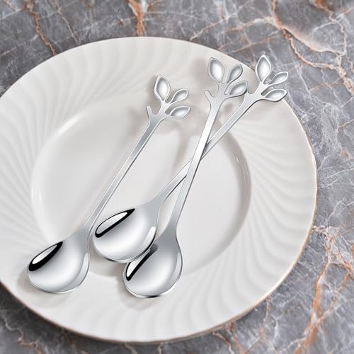 AnSaw Elegant Silver Leaf Coffee Spoons - 10-Piece, 4.7" Mini Spoon - color: Silver