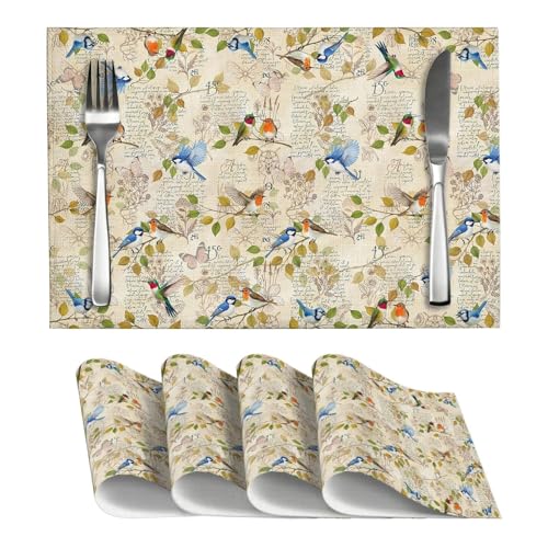 Vintage Bird Placemats Set of 4, Spring Washable Non-Slip Heat Resistant Place Mats, Farmhouse Country Bird Summer Linen Table Mat for Dinner Room Kitchen Indoor Outdoor Decor - color: Retro Bird
