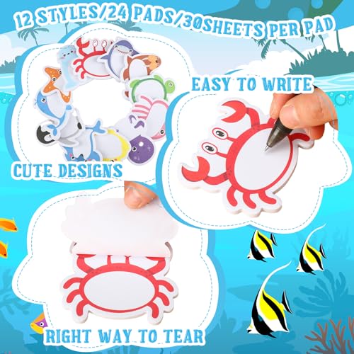 Yinder 24 Pads Kids Sticky Notes, Ocean Animal Cartoon Memo Pads - color: Multicolor, size: Ocean Animals