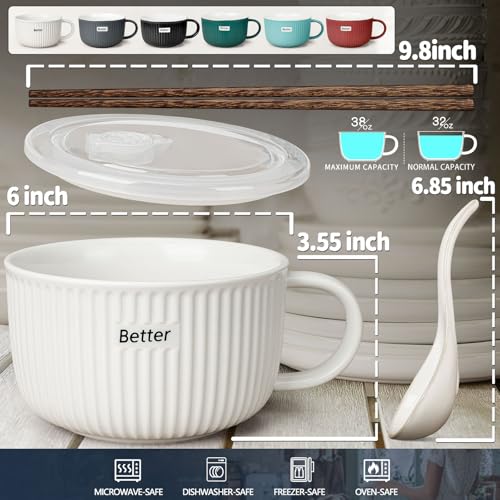 Artena 38 oz Soup Bowls with Handles, Lids, Spoons & Chopsticks – 6 Inch Large Microwave Safe Ceramic Ramen Bowls, Soup Mugs & Cereal Bowls for Instant Noodles, Oatmeal, Meal Prep (White-Set of 2) - color: White - Set of 2