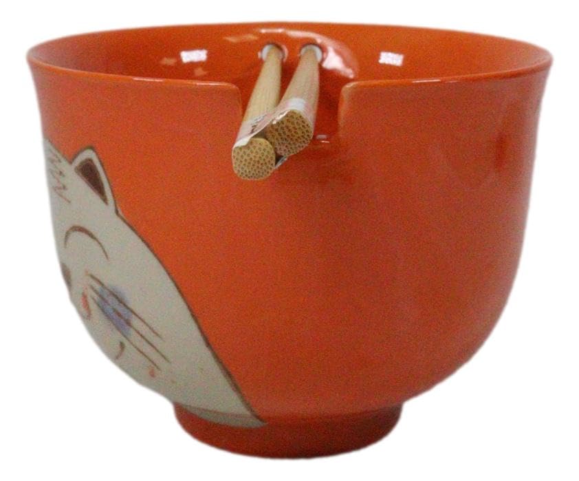 Ebros Gift Artistic Donburi Ramen Udon Noodles Soup Salad 5" D 18Oz Bowl With Bamboo Chopsticks And Built In Rest Set Asian Dining Kitchen Accent (Orange Chubby Kitty Cat) - color: Orange Chubby Kitty Cat