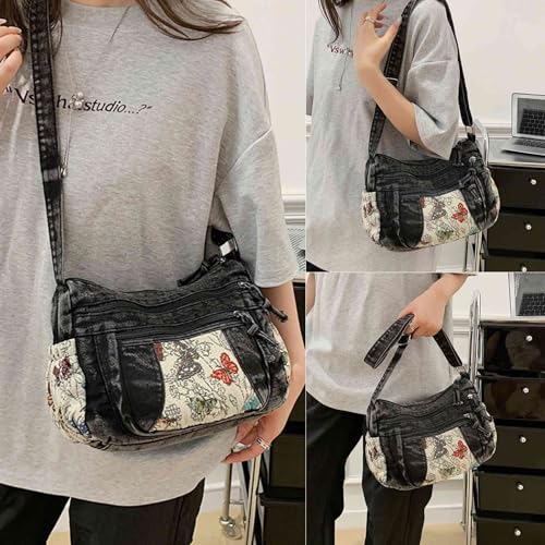Black Denim Purse Crossbody Bags, Boho Hobo Crossbody Bags for Women, Casual Hippie Travel Purse with Lots of Pockets - color: Style2-black