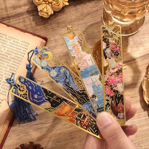 4 Pieces Bookmarks with Tassel, Golden Hollow Metal Bookmark Monet Oil Painting Theme Book Mark for Women Book Lovers Writers Readers Children Teenage Girls, (Starry Sky Style) - style: 4Pcs Starry sky